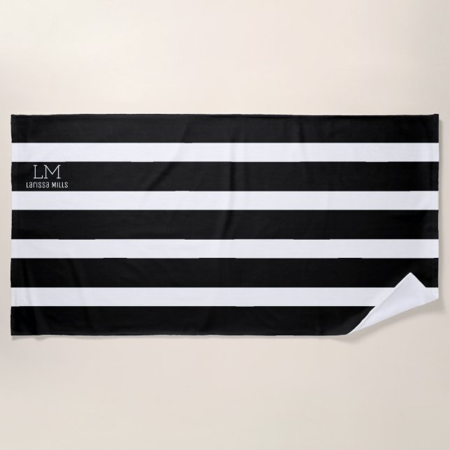 Serviette De Plage large mode noir & blanc rayures monogrammed (Devant)