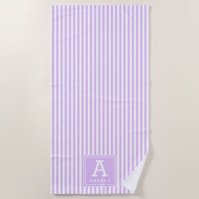 Serviette De Plage Lavande Lumineuse Rayures de Cabane Monogramme Ini (Devant)
