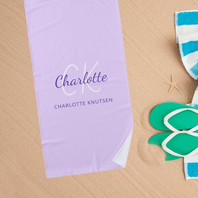 Serviette De Plage Lavender violet monogramme initiales nom script (Créateur téléchargé)