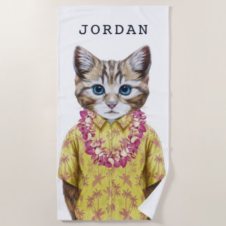 Serviette De Plage Le chat hawaïen de Kitty | ajoutent votre nom