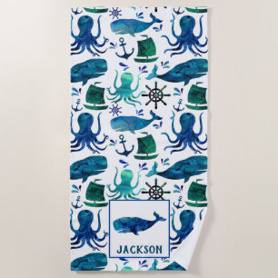 Serviette De Plage Le motif de poulpe de baleine d'aquarelle badine
