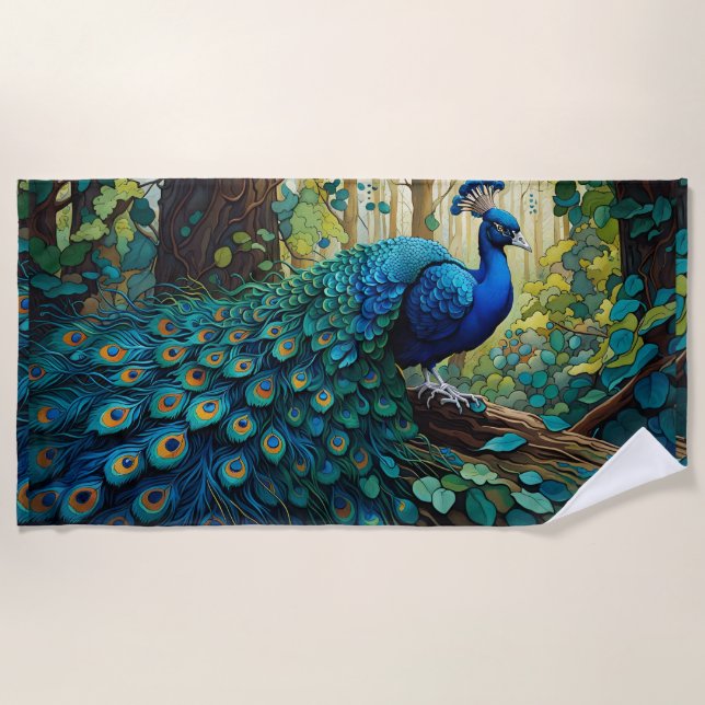Serviette De Plage Le paon bleu dans la forêt (Devant)