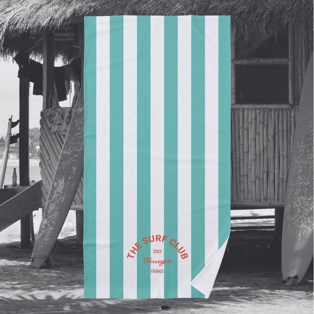 Serviette De Plage Le Surf Club Red Crest Turquoise Cabana Stripe (Créateur téléchargé)