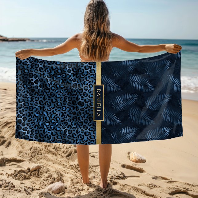 Serviette De Plage Léopard Bleu Floral Tropical Nom Personnalisé (Créateur téléchargé)