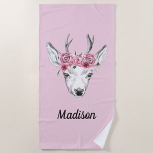 Serviette De Plage Les cerfs communs de fleurs d'aquarelle ajoutent