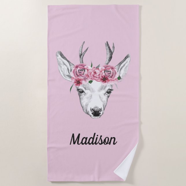 Serviette De Plage Les cerfs communs de fleurs d'aquarelle | ajoutent (Devant)