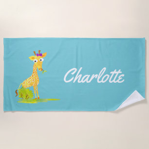 Serviette De Plage Les enfants de girafe d'aquarelle ont personnalisé