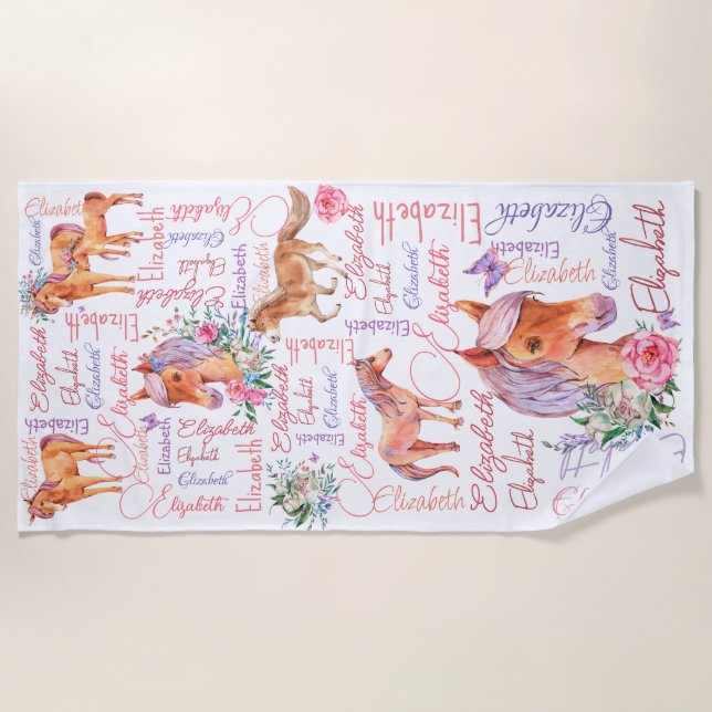 Serviette De Plage Les filles personnalisées nom collage avec poneys (Devant)