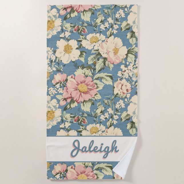 Serviette De Plage Lettres d'ombre florale rétro bleu Skyline (Devant)