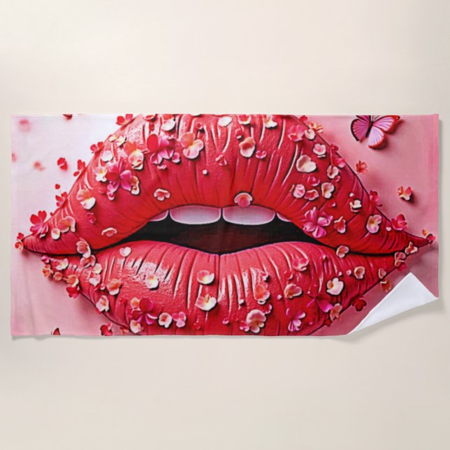 Serviette De Plage Lèvres en Fleur : Baiser de Papillon Floral (Devant)