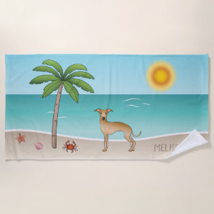 Serviette De Plage Lévrier italien fauve sur une plage tropicale en é