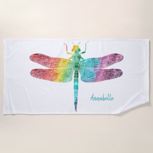 Serviette De Plage Libellule magnifique d'aquarelle d'arc-en-ciel