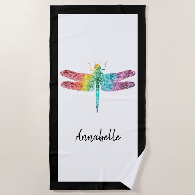 Serviette De Plage Libellule magnifique d'aquarelle d'arc-en-ciel (Devant)