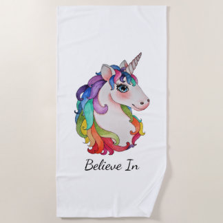 Serviette De Plage Licorne d'aquarelle avec des cheveux d'arc-en-ciel