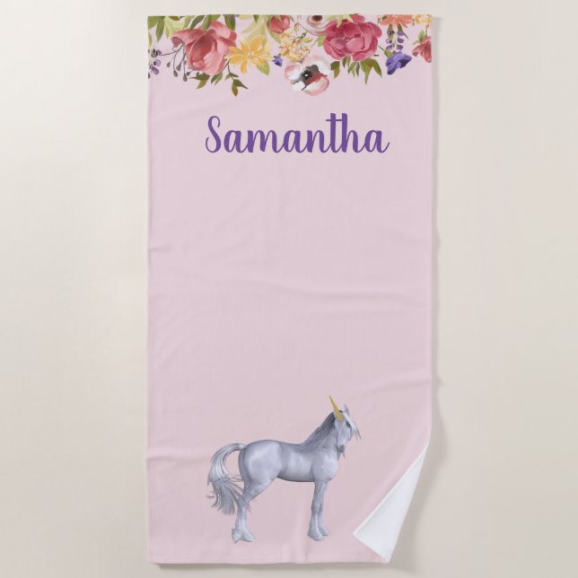 Serviette De Plage Licorne Fleur Nom Personnalisé (Devant)