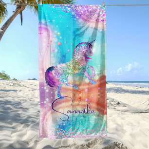 Serviette De Plage Licorne mignonne rose Paillettes arc-en-ciel aqua