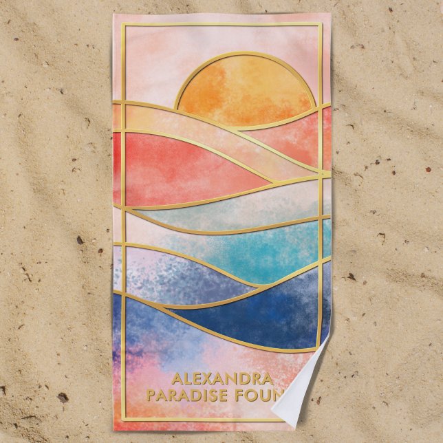 Serviette De Plage Ligne d'art doré Sunset côtier nom personnalisé (Créateur téléchargé)