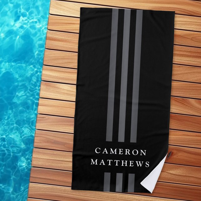 Serviette De Plage Lignes sombres élégantes moderne monogrammed noir (Elegant dark lines modern monogrammed black beach towel)