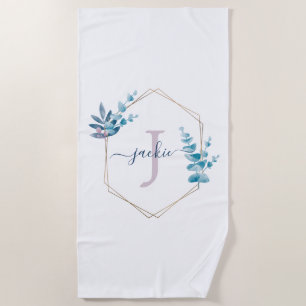 Serviette De Plage Lilac Aquarelle Eucalyptus Cadre Monogramme Classi
