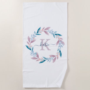 Serviette De Plage Lilac Aquarelle Florale Wreath Monogramme
