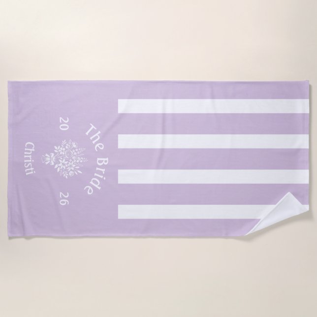 Serviette De Plage Lilac Violet Rayé de la MARiée  (Devant)