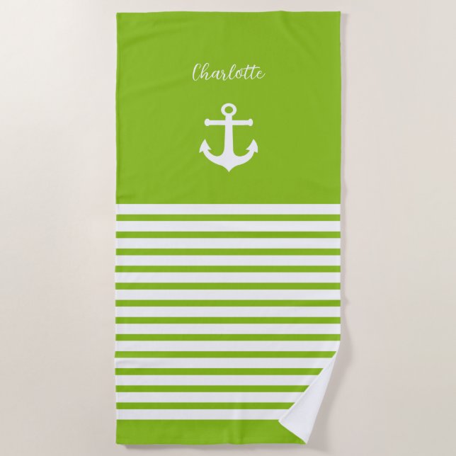 Serviette De Plage Lime et bandes blanches Nautique Personnalisé (Devant)