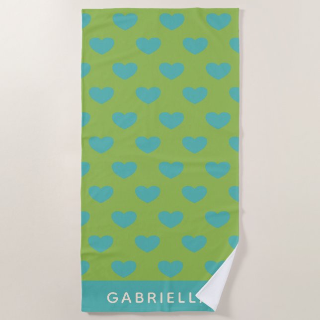 Serviette De Plage Lime Green Blue Cute Motif de coeur personnalisé (Devant)