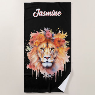 Serviette De Plage Lion Pastel Fleurs Safari Aquarelle Savannah Chat