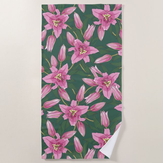 Serviette De Plage Lis en fleurs dans un vert profond (Devant)