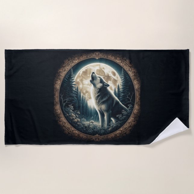 Serviette De Plage Loup vintage et lune classique (Devant)