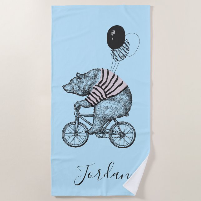 Serviette De Plage L'ours de bicyclette de ballon | ajoutent votre (Devant)
