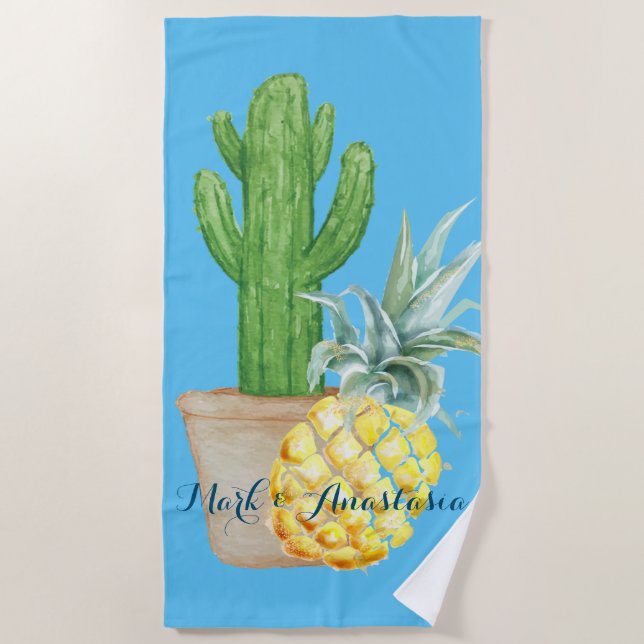 Serviette De Plage Love Blue Pineapple and Cactus (Devant)