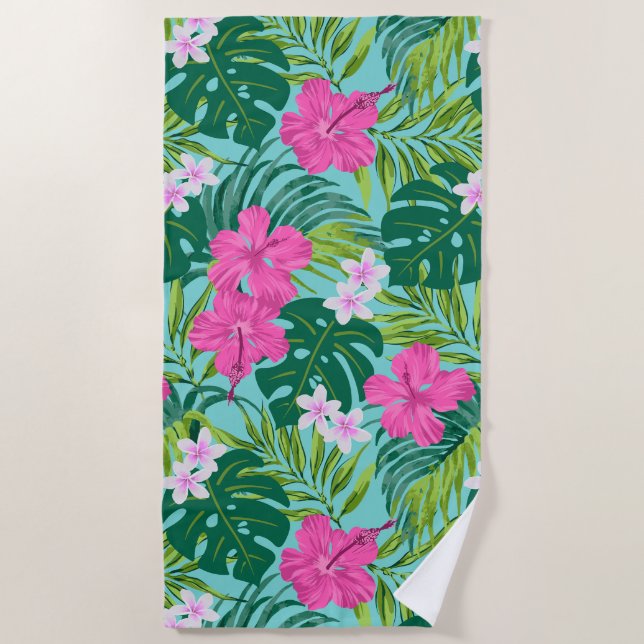 Serviette De Plage Luna Hibiscus Garden Hawaiian - Rose et Turq (Devant)
