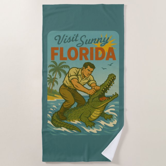 Serviette De Plage Lutte de Floride avec les Alligators | Plage Rétro (Devant)