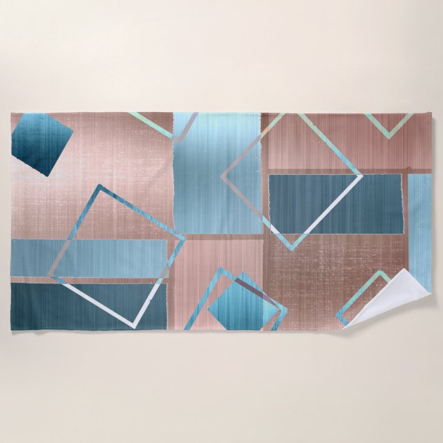 Serviette De Plage Luxe Abstrait | Blush Rose Gold et Turquoise Géomé (Devant)