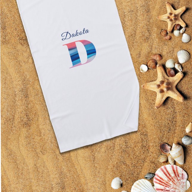 Serviette De Plage Luxe corail bleu doux nom initial D blanc (Créateur téléchargé)
