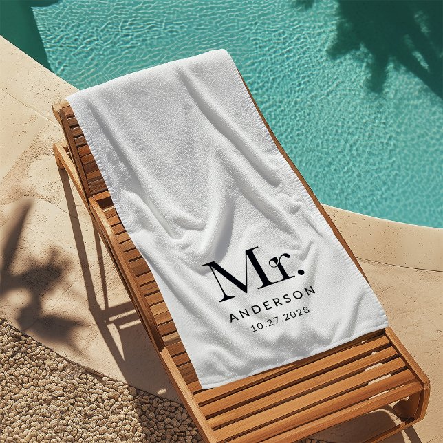 Serviette De Plage Luxe Elegance Black and White Mister Mariage Date (Créateur téléchargé)