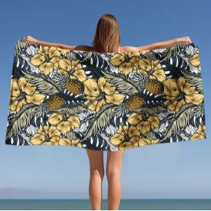 Serviette De Plage Luxe Elegant Or N' Black Tropical Flowers