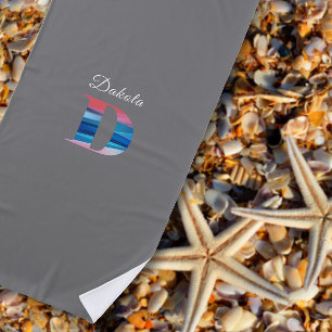 Serviette De Plage Luxe moderne corail bleu initiale nom D gris clair