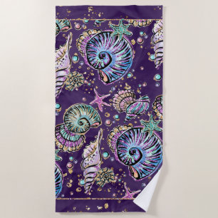 Serviette De Plage Luxe violet sous-marine   Dark Pastel Gold Sea Lif