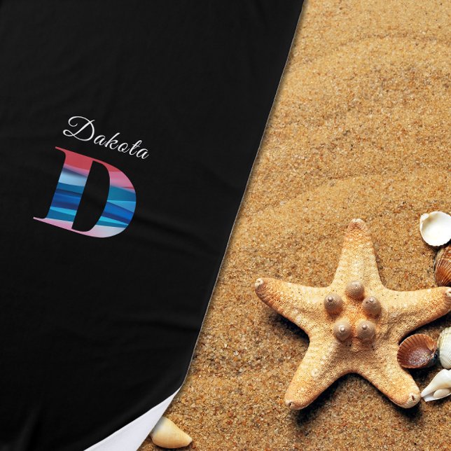 Serviette De Plage Luxueux moderne bleu corail initiale nom D noir (Créateur téléchargé)