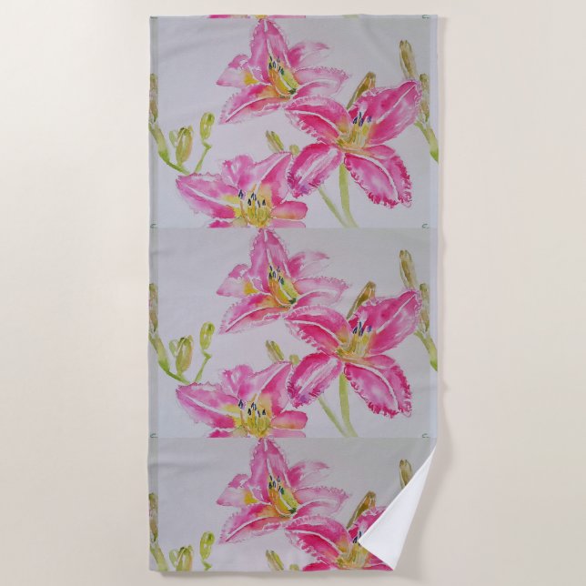 Serviette De Plage Lys Lily rose Aquarelle Peinture Florale (Devant)