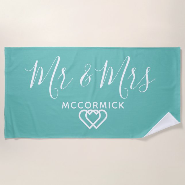 Serviette De Plage M. Et Mme Script Monogramme Nom Turquoise Coeurs b (Devant)