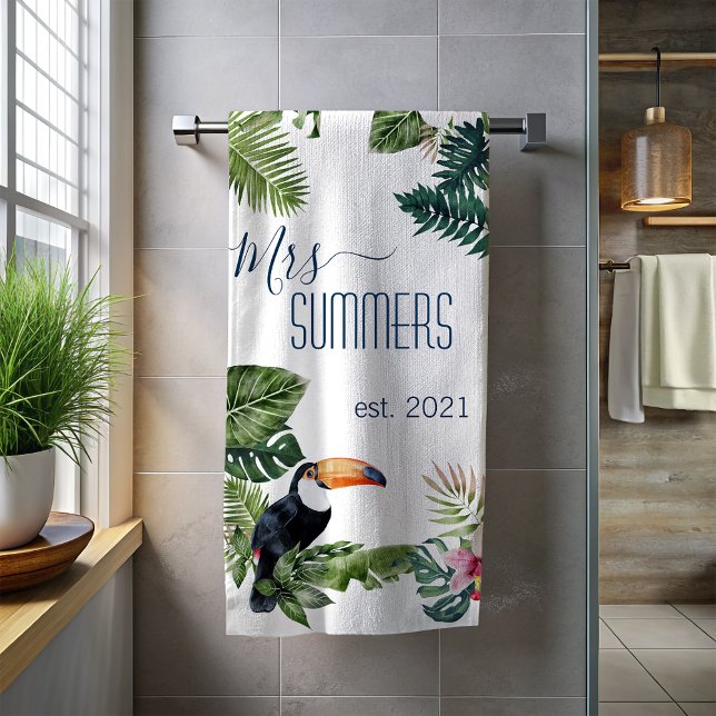 Serviette De Plage Madame Jeune Mariée Monogramme Feuilles Tropicales (Créateur téléchargé)