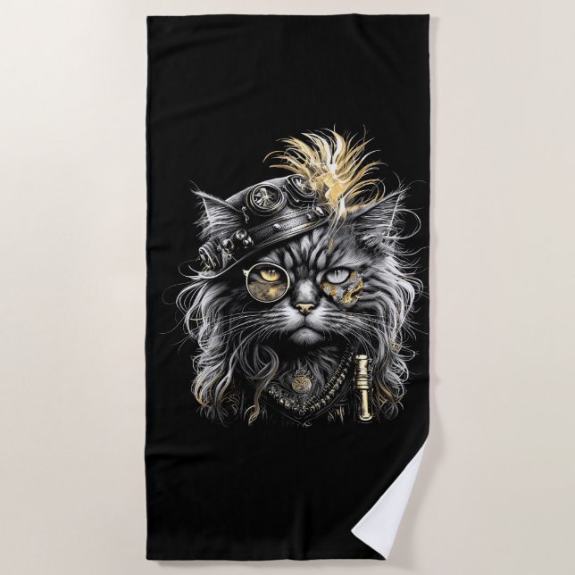 Serviette De Plage Magnifique chat Steampunk  (Devant)