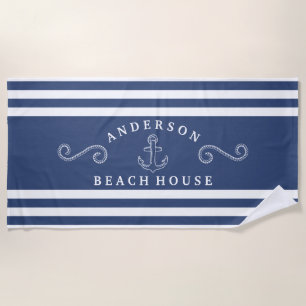 Serviette De Plage Maison de plage nautique personnalisée bleu marine