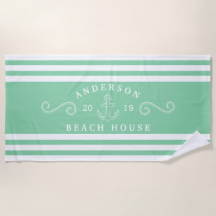 Serviette De Plage Maison de plage nautique verte menthe personnalisé