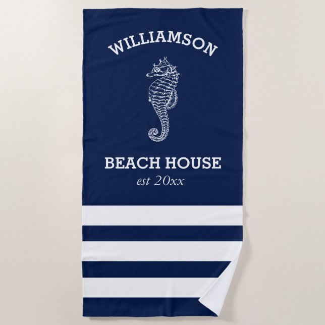 Serviette De Plage Maison de plage rayée bleu marine et blanc | Hippo (Devant)