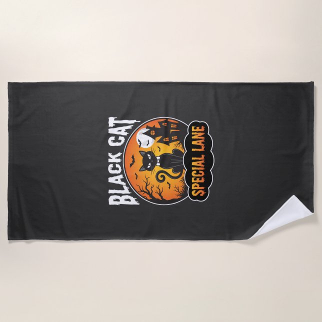 Serviette De Plage Maison Hantée de Chat Noir Halloween Design Lune (Devant)
