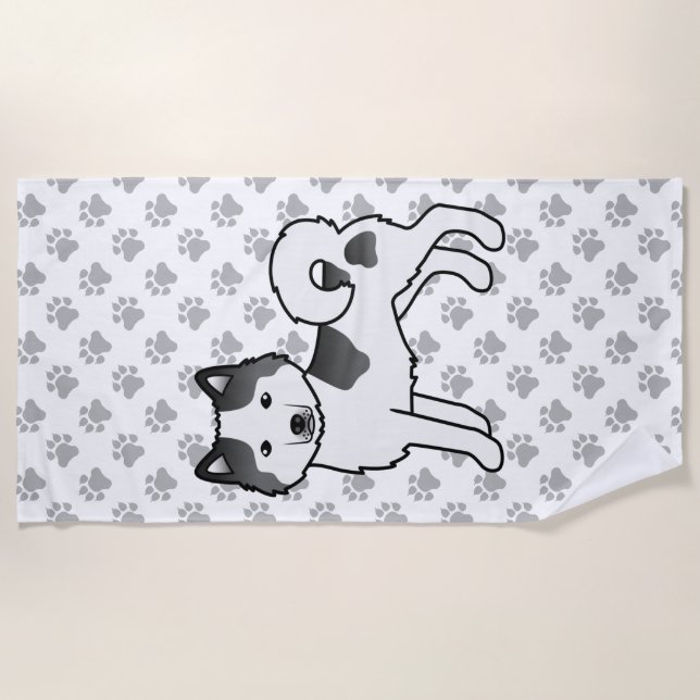 Serviette De Plage Malamute d'Alaska pie noir mignon chien de dessin  (Devant)